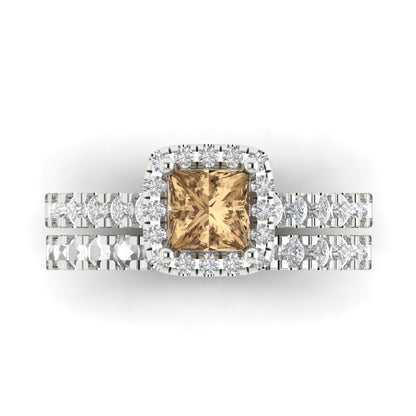 1.56 cttw Princess Cut Simulated Champagne Diamond Bridal Set - Solid White Gold Engagement Ring & Wedding Band