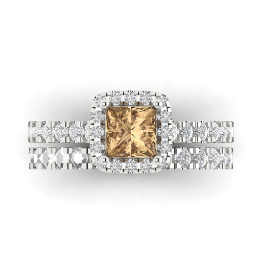 1.56 cttw Princess Cut Simulated Champagne Diamond Bridal Set - Solid White Gold Engagement Ring & Wedding Band