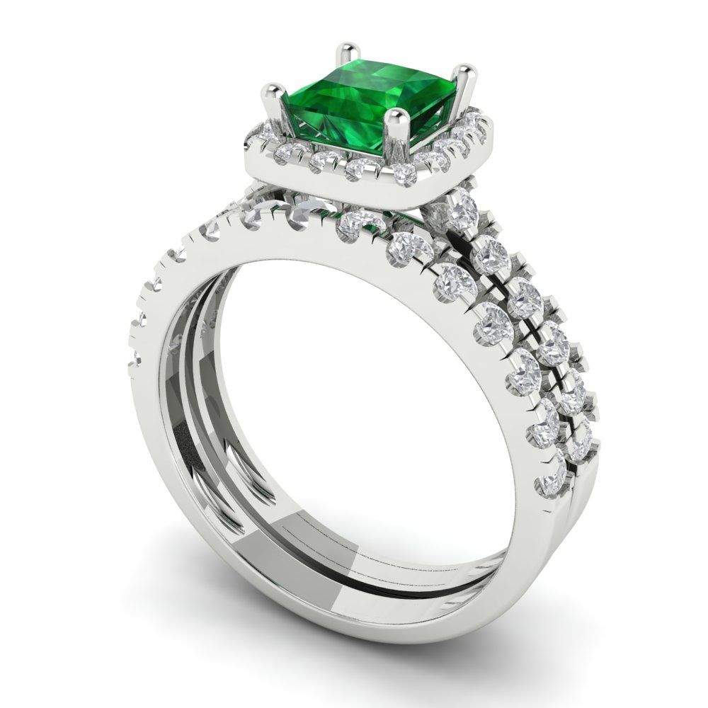 1.56 cttw Princess Cut Simulated Emerald Bridal Set - Solid White Gold Engagement Ring & Wedding Band