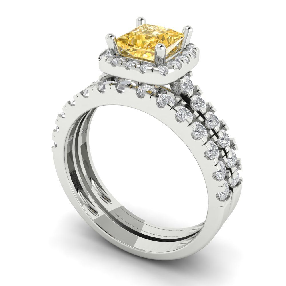 1.56 cttw Princess Cut Yellow Moissanite Bridal Set - Solid White Gold Engagement Ring & Wedding Band