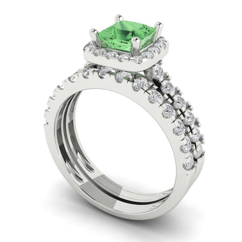 1.56 cttw Princess Cut Simulated Green Diamond Bridal Set - Solid White Gold Engagement Ring & Wedding Band
