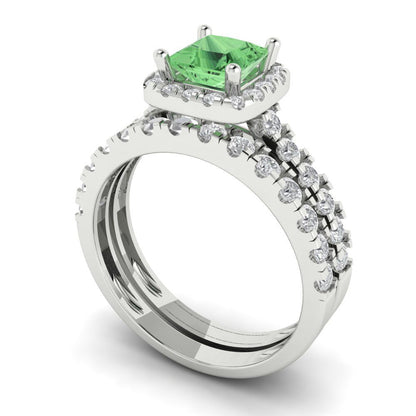 1.56 cttw Princess Cut Simulated Green Diamond Bridal Set - Solid White Gold Engagement Ring & Wedding Band
