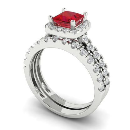 1.56 cttw Princess Cut Simulated Ruby Bridal Set - Solid White Gold Engagement Ring & Wedding Band