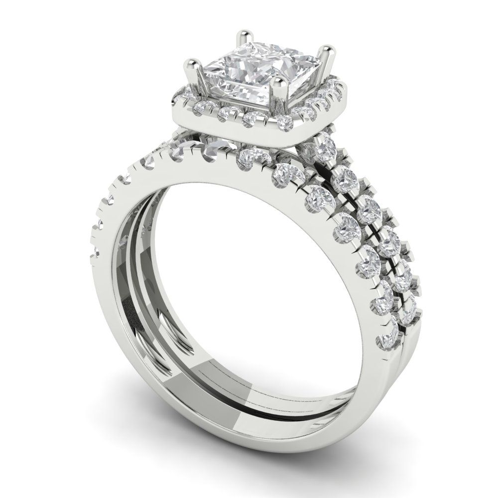 1.56 cttw Princess Cut White Sapphire Bridal Set - Solid White Gold Engagement Ring & Wedding Band