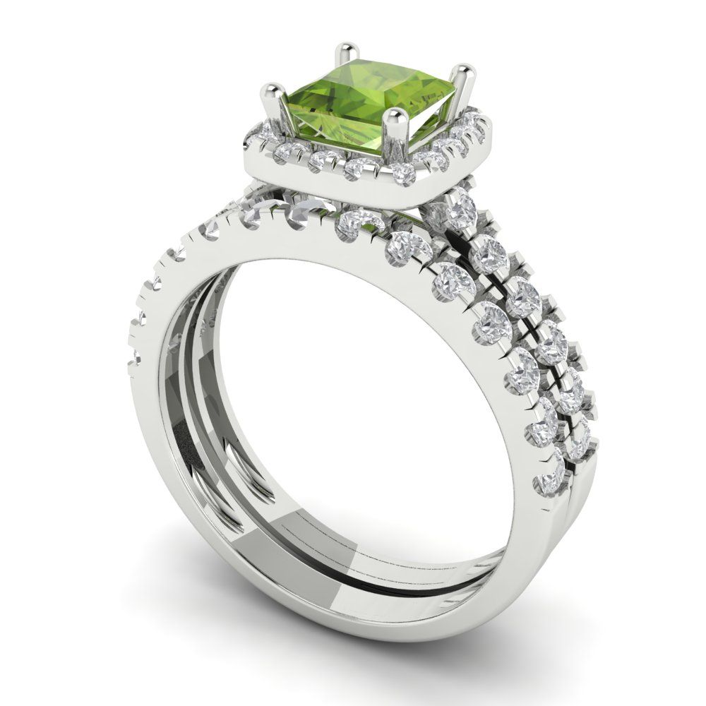 1.56 cttw Princess Cut Natural Peridot Bridal Set - Solid White Gold Engagement Ring & Wedding Band