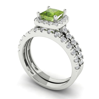 1.56 cttw Princess Cut Natural Peridot Bridal Set - Solid White Gold Engagement Ring & Wedding Band