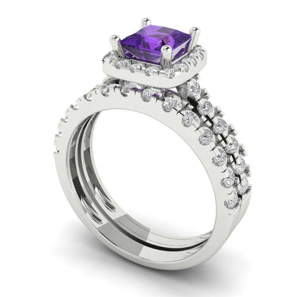 1.56 cttw Princess Cut Natural Amethyst Bridal Set - Solid White Gold Engagement Ring & Wedding Band