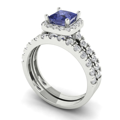 1.56 cttw Princess Cut Simulated Tanzanite Bridal Set - Solid White Gold Engagement Ring & Wedding Band