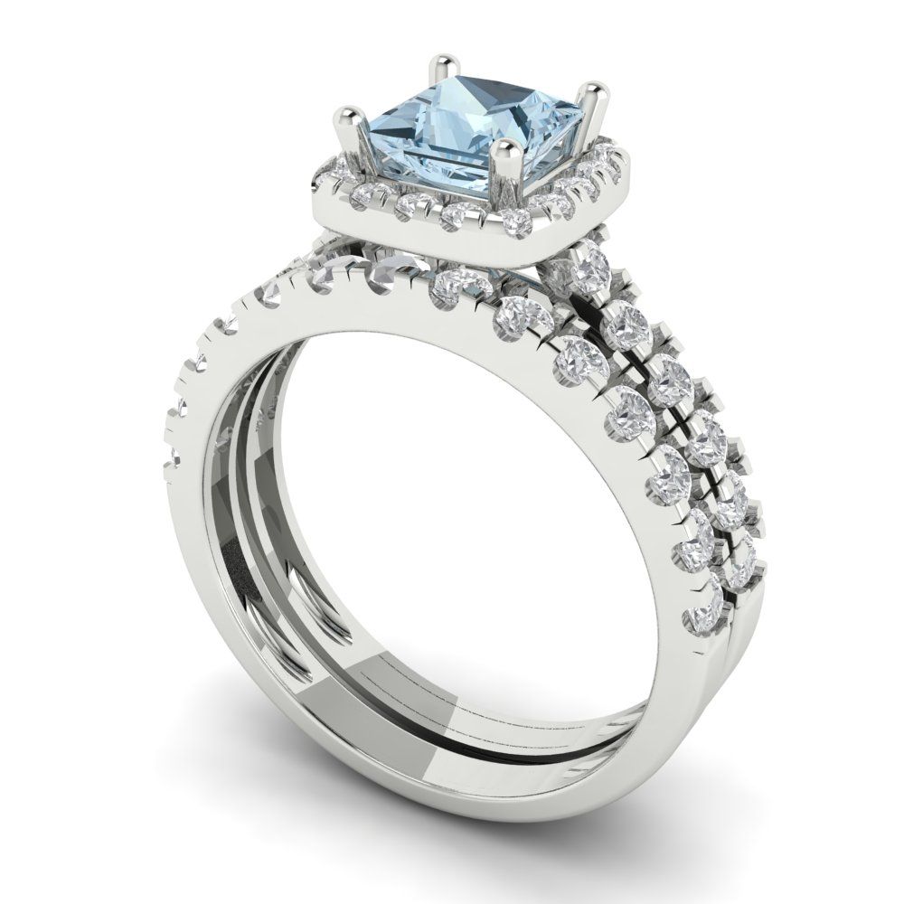 1.56 cttw Princess Cut Simulated Blue Diamond Bridal Set - Solid White Gold Engagement Ring & Wedding Band