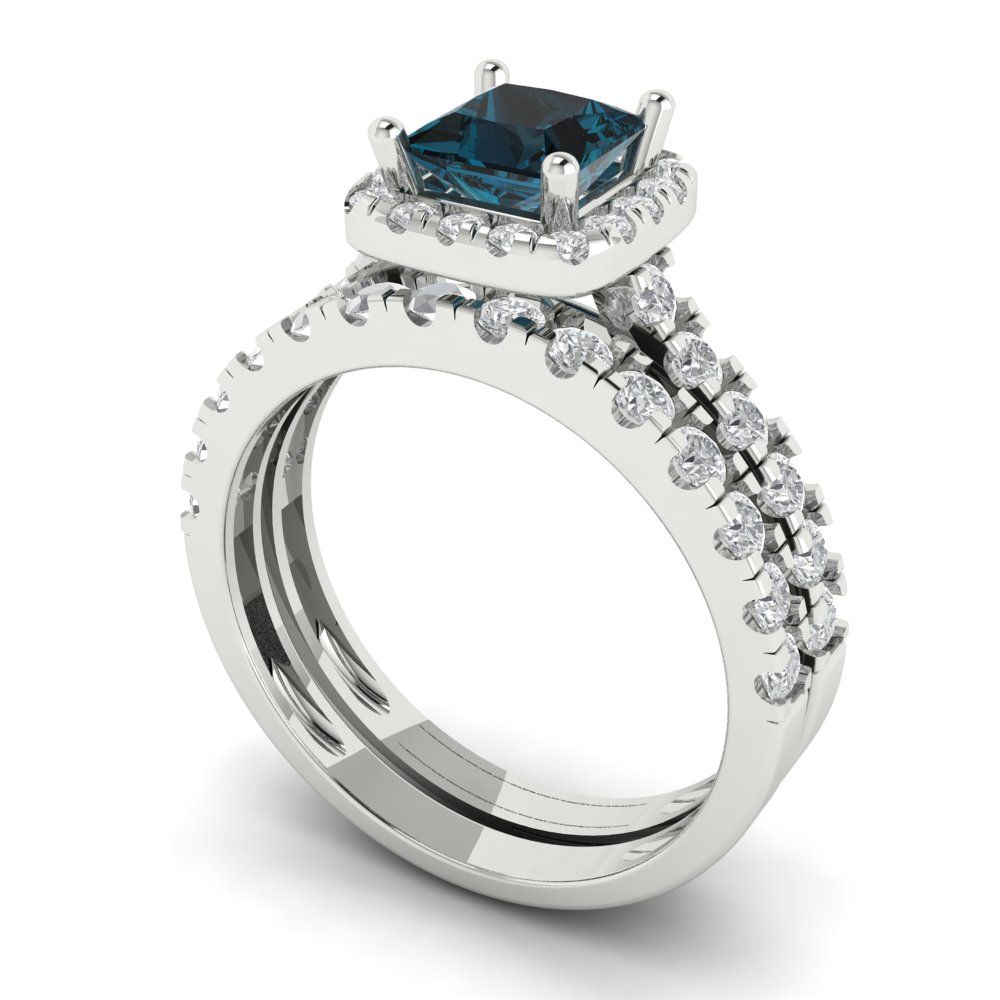 1.56 cttw Princess Cut Natural London Blue Topaz Bridal Set - Solid White Gold Engagement Ring & Wedding Band