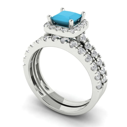 1.56 cttw Princess Cut Simulated Turquoise Bridal Set - Solid White Gold Engagement Ring & Wedding Band