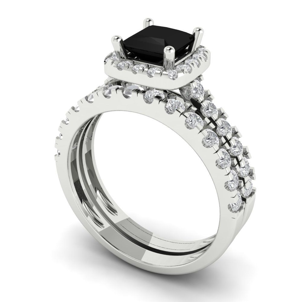 1.56 cttw Princess Cut Natural Onyx Bridal Set - Solid White Gold Engagement Ring & Wedding Band