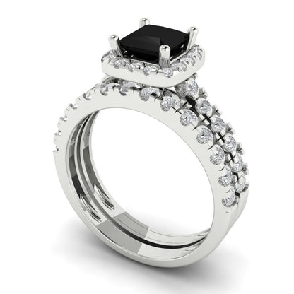 1.56 cttw Princess Cut Natural Onyx Bridal Set - Solid White Gold Engagement Ring & Wedding Band
