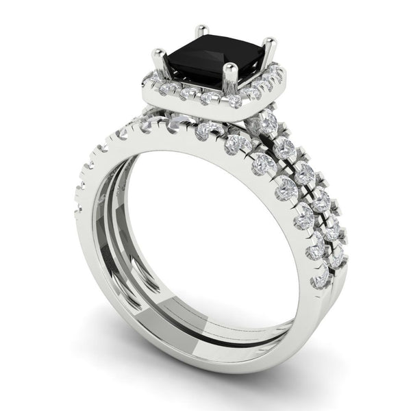 2.01 ct Brilliant Princess Cut Natural Onyx Stone White Gold Halo Solitaire with Accents Bridal Set