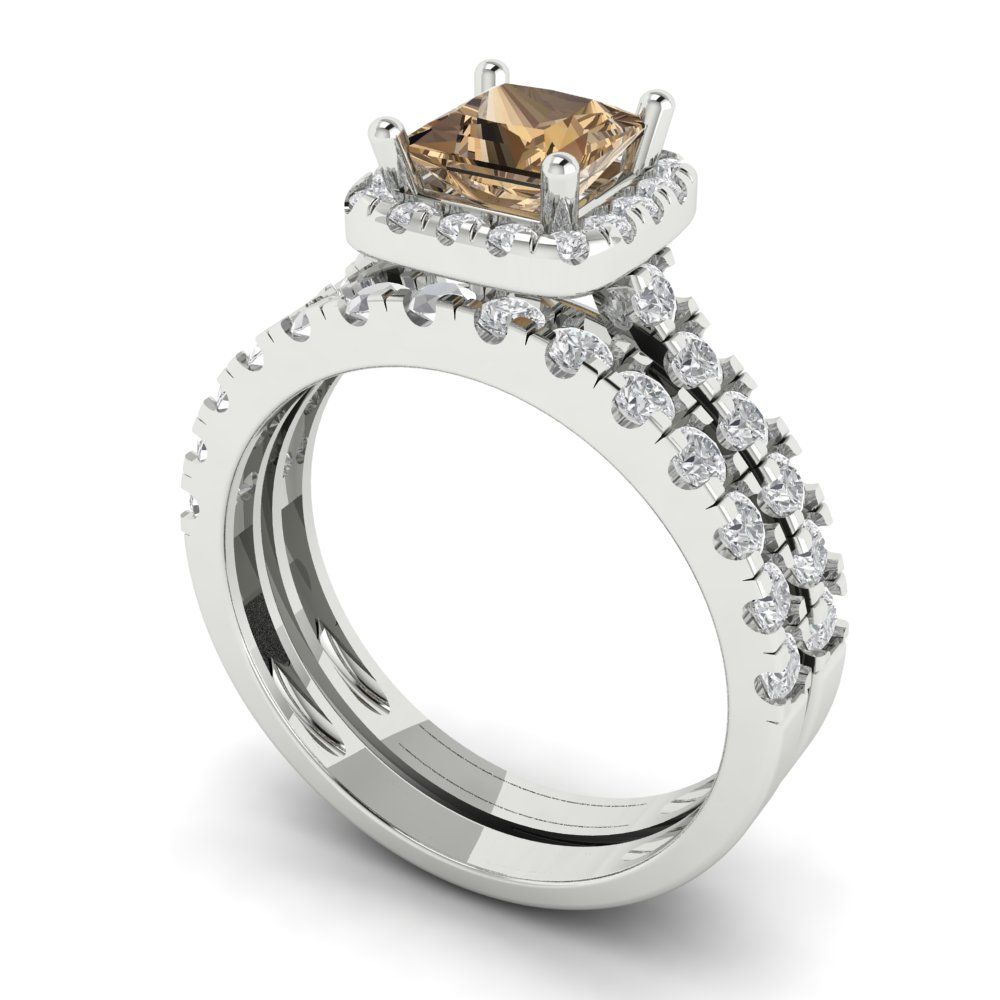 1.56 cttw Princess Cut Simulated Champagne Diamond Bridal Set - Solid White Gold Engagement Ring & Wedding Band