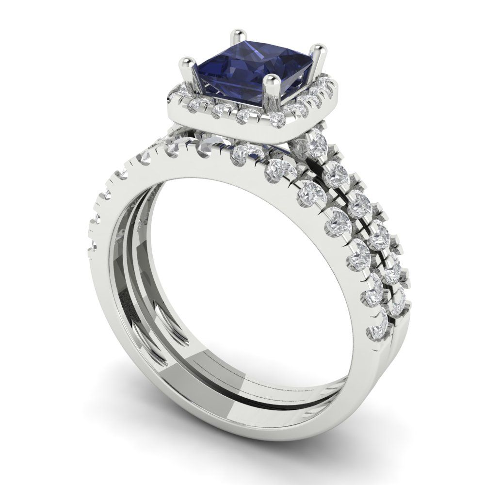 1.56 cttw Princess Cut Simulated Blue Sapphire Bridal Set - Solid White Gold Engagement Ring & Wedding Band