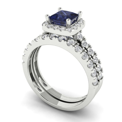1.56 cttw Princess Cut Simulated Blue Sapphire Bridal Set - Solid White Gold Engagement Ring & Wedding Band