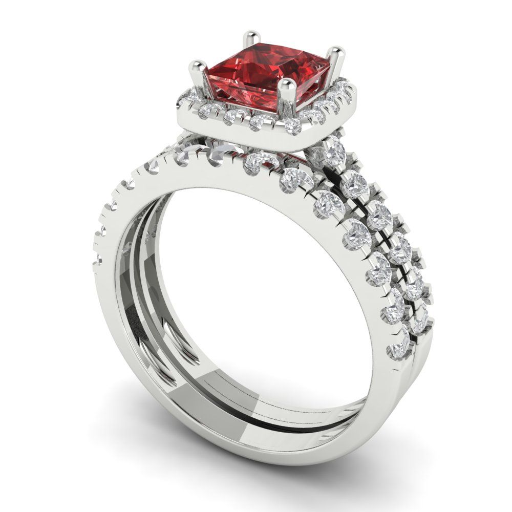1.56 cttw Princess Cut Natural Garnet Bridal Set - Solid White Gold Engagement Ring & Wedding Band