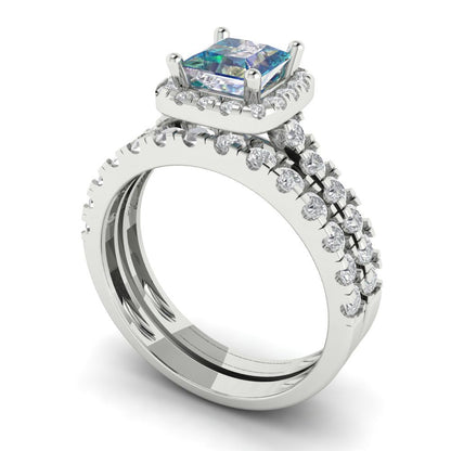 1.56 cttw Princess Cut Blue Moissanite Bridal Set - Solid White Gold Engagement Ring & Wedding Band