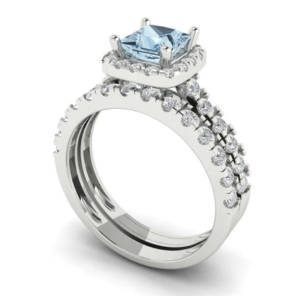 1.56 cttw Princess Cut Natural Sky Blue Topaz Bridal Set - Solid White Gold Engagement Ring & Wedding Band