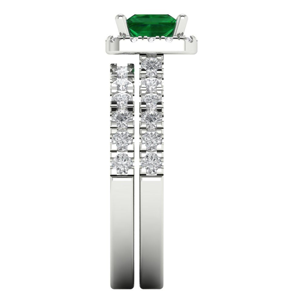 1.56 cttw Princess Cut Simulated Emerald Bridal Set - Solid White Gold Engagement Ring & Wedding Band