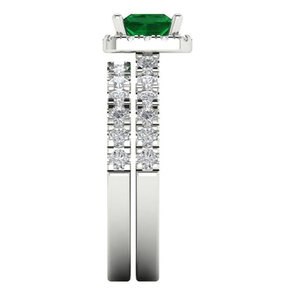 1.56 cttw Princess Cut Simulated Emerald Bridal Set - Solid White Gold Engagement Ring & Wedding Band