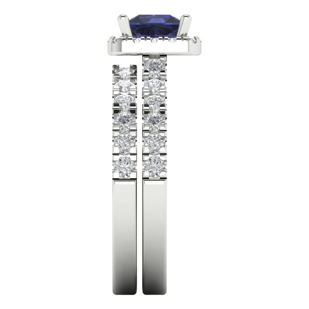 1.56 cttw Princess Cut Simulated Blue Sapphire Bridal Set - Solid White Gold Engagement Ring & Wedding Band