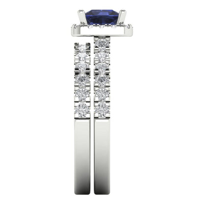 1.56 cttw Princess Cut Simulated Blue Sapphire Bridal Set - Solid White Gold Engagement Ring & Wedding Band