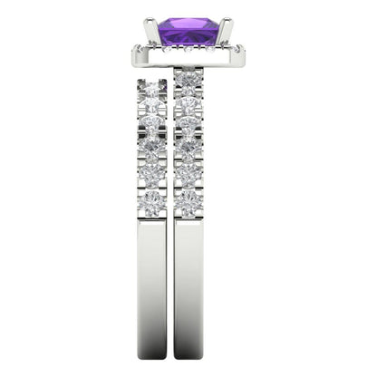 1.56 cttw Princess Cut Natural Amethyst Bridal Set - Solid White Gold Engagement Ring & Wedding Band