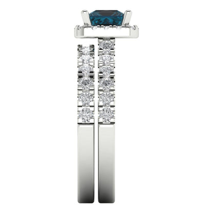 1.56 cttw Princess Cut Natural London Blue Topaz Bridal Set - Solid White Gold Engagement Ring & Wedding Band