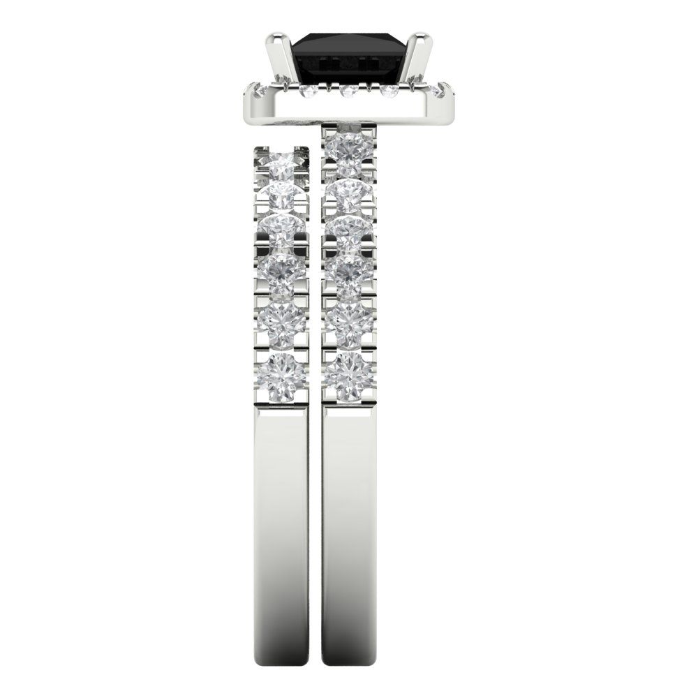 1.56 cttw Princess Cut Natural Onyx Bridal Set - Solid White Gold Engagement Ring & Wedding Band