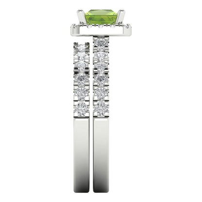 1.56 cttw Princess Cut Natural Peridot Bridal Set - Solid White Gold Engagement Ring & Wedding Band