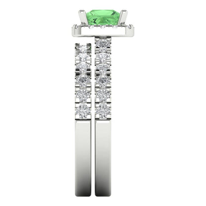1.56 cttw Princess Cut Simulated Green Diamond Bridal Set - Solid White Gold Engagement Ring & Wedding Band