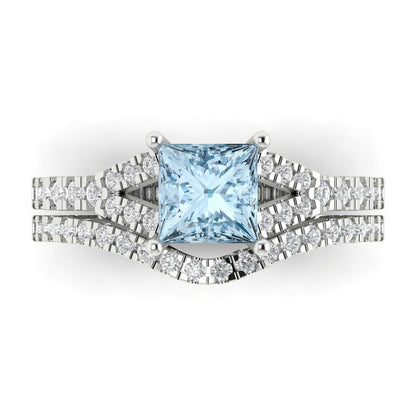 3.4 cttw Princess Cut Natural Aquamarine Bridal Set - Solid White Gold Engagement Ring & Wedding Band
