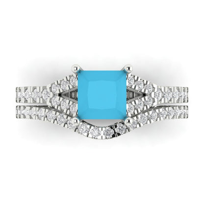 3.4 cttw Princess Cut Simulated Turquoise Bridal Set - Solid White Gold Engagement Ring & Wedding Band