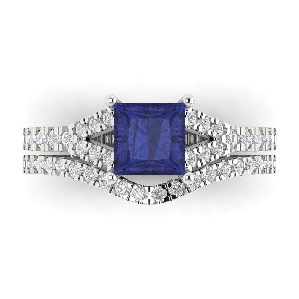 3.4 cttw Princess Cut Simulated Tanzanite Bridal Set - Solid White Gold Engagement Ring & Wedding Band