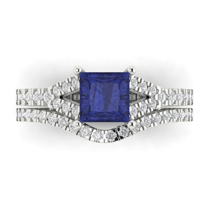 3.4 cttw Princess Cut Simulated Tanzanite Bridal Set - Solid White Gold Engagement Ring & Wedding Band