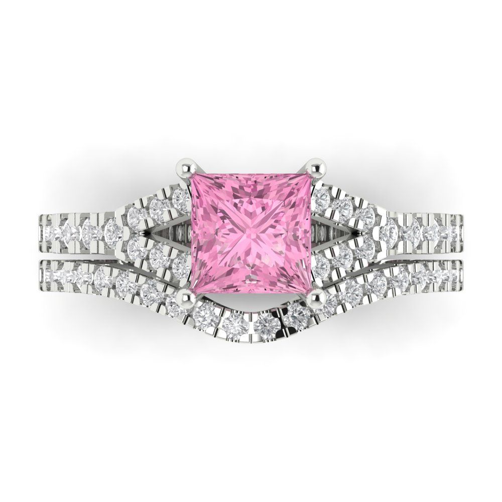 3.4 cttw Princess Cut Simulated Pink Diamond Bridal Set - Solid White Gold Engagement Ring & Wedding Band