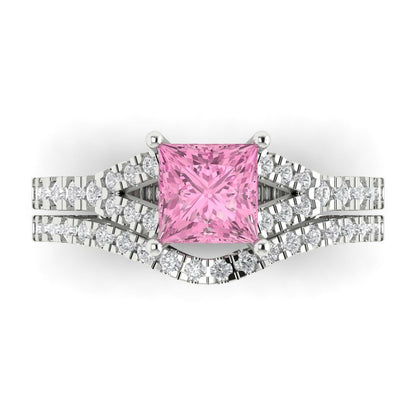 3.4 cttw Princess Cut Simulated Pink Diamond Bridal Set - Solid White Gold Engagement Ring & Wedding Band