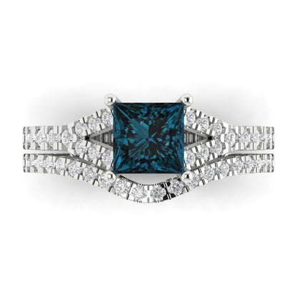 3.4 cttw Princess Cut Natural London Blue Topaz Bridal Set - Solid White Gold Engagement Ring & Wedding Band