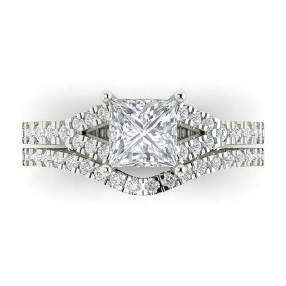 3.4 cttw Princess Cut Moissanite Bridal Set - Solid White Gold Engagement Ring & Wedding Band