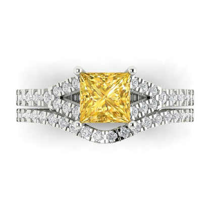 3.4 cttw Princess Cut Natural Citrine Bridal Set - Solid White Gold Engagement Ring & Wedding Band