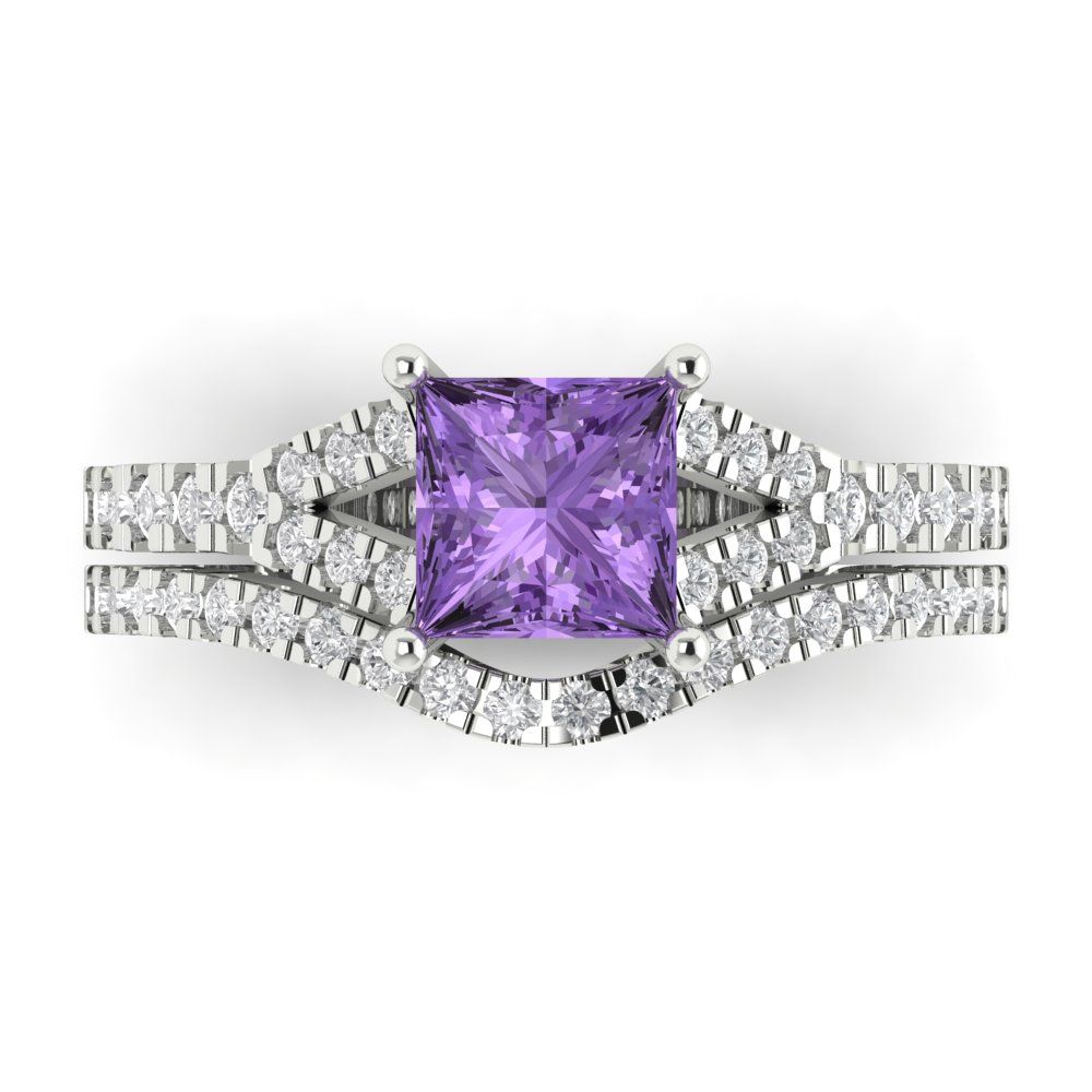 3.4 cttw Princess Cut Simulated Alexandrite Bridal Set - Solid White Gold Engagement Ring & Wedding Band
