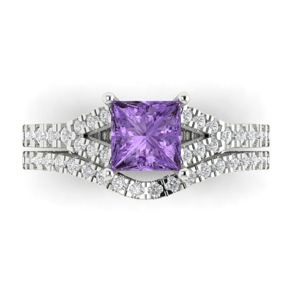 3.4 cttw Princess Cut Simulated Alexandrite Bridal Set - Solid White Gold Engagement Ring & Wedding Band