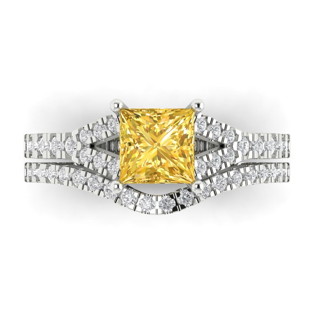 3.4 cttw Princess Cut Simulated Yellow Diamond Bridal Set - Solid White Gold Engagement Ring & Wedding Band
