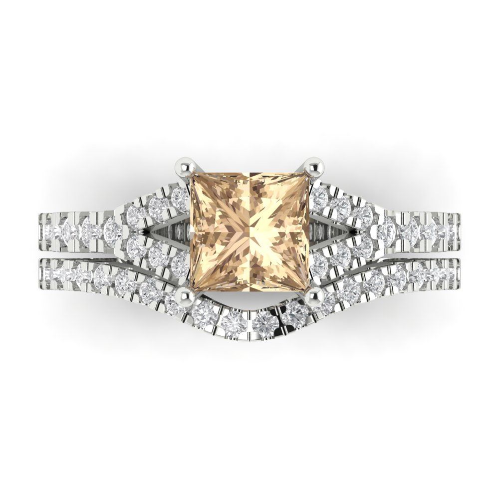 3.4 cttw Princess Cut Yellow Moissanite Bridal Set - Solid White Gold Engagement Ring & Wedding Band