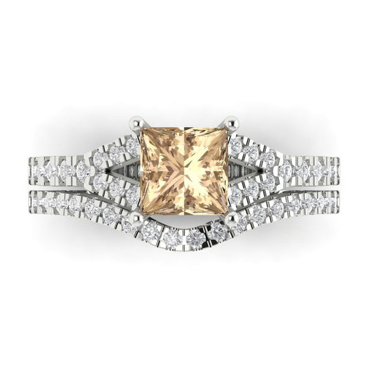 3.4 cttw Princess Cut Yellow Moissanite Bridal Set - Solid White Gold Engagement Ring & Wedding Band