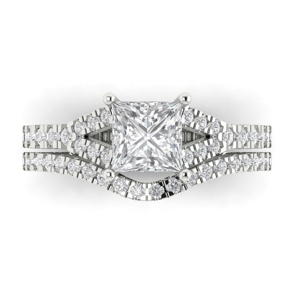 3.4 cttw Princess Cut White Sapphire Bridal Set - Solid White Gold Engagement Ring & Wedding Band