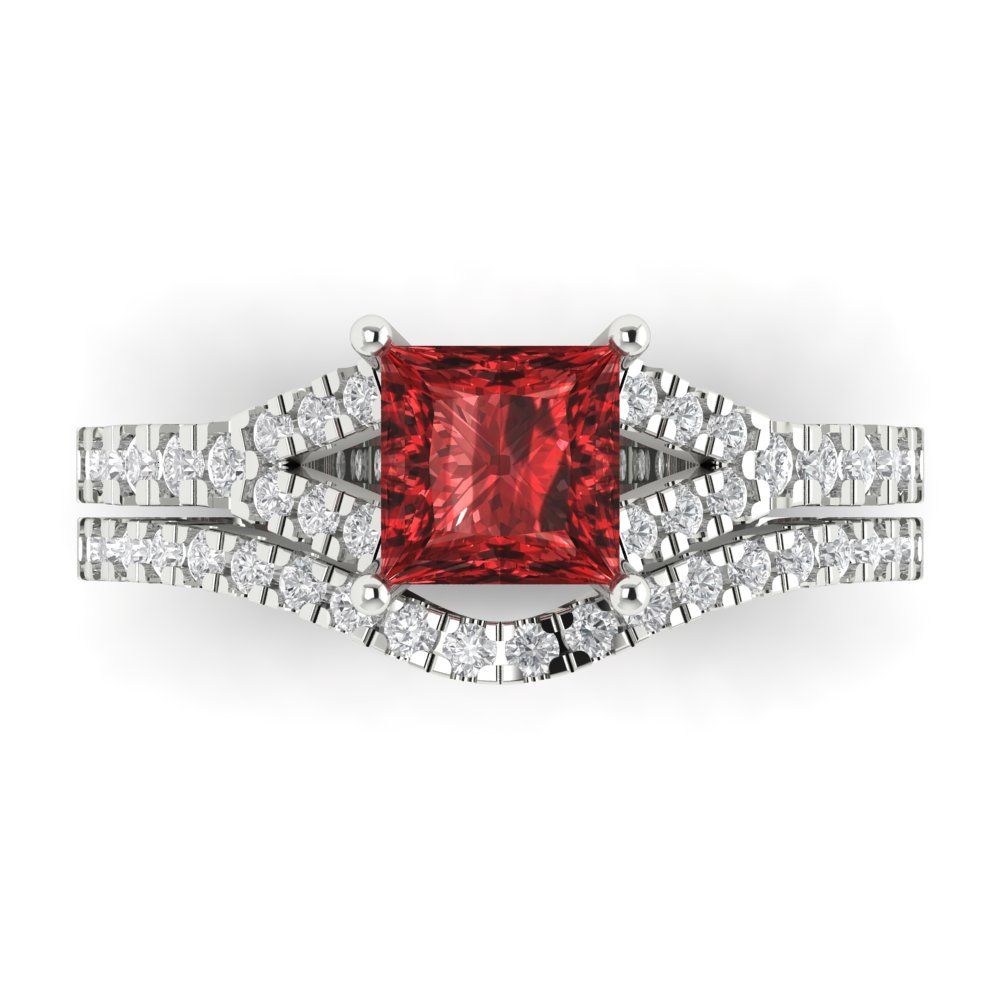 3.4 cttw Princess Cut Natural Garnet Bridal Set - Solid White Gold Engagement Ring & Wedding Band