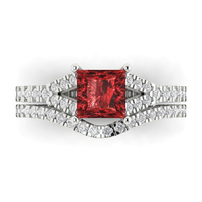3.4 cttw Princess Cut Natural Garnet Bridal Set - Solid White Gold Engagement Ring & Wedding Band